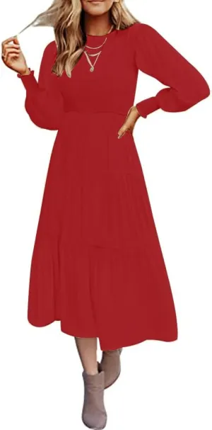 Women's Casual Long Sleeve Fall Dress Crew Neck Smocked Hight Waist Flowy Maxi Tiered Dresses