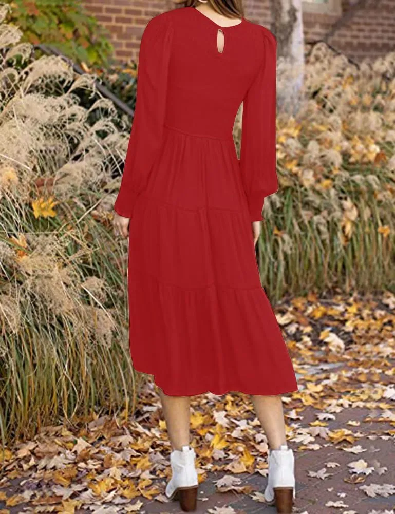 Women's Casual Long Sleeve Fall Dress Crew Neck Smocked Hight Waist Flowy Maxi Tiered Dresses