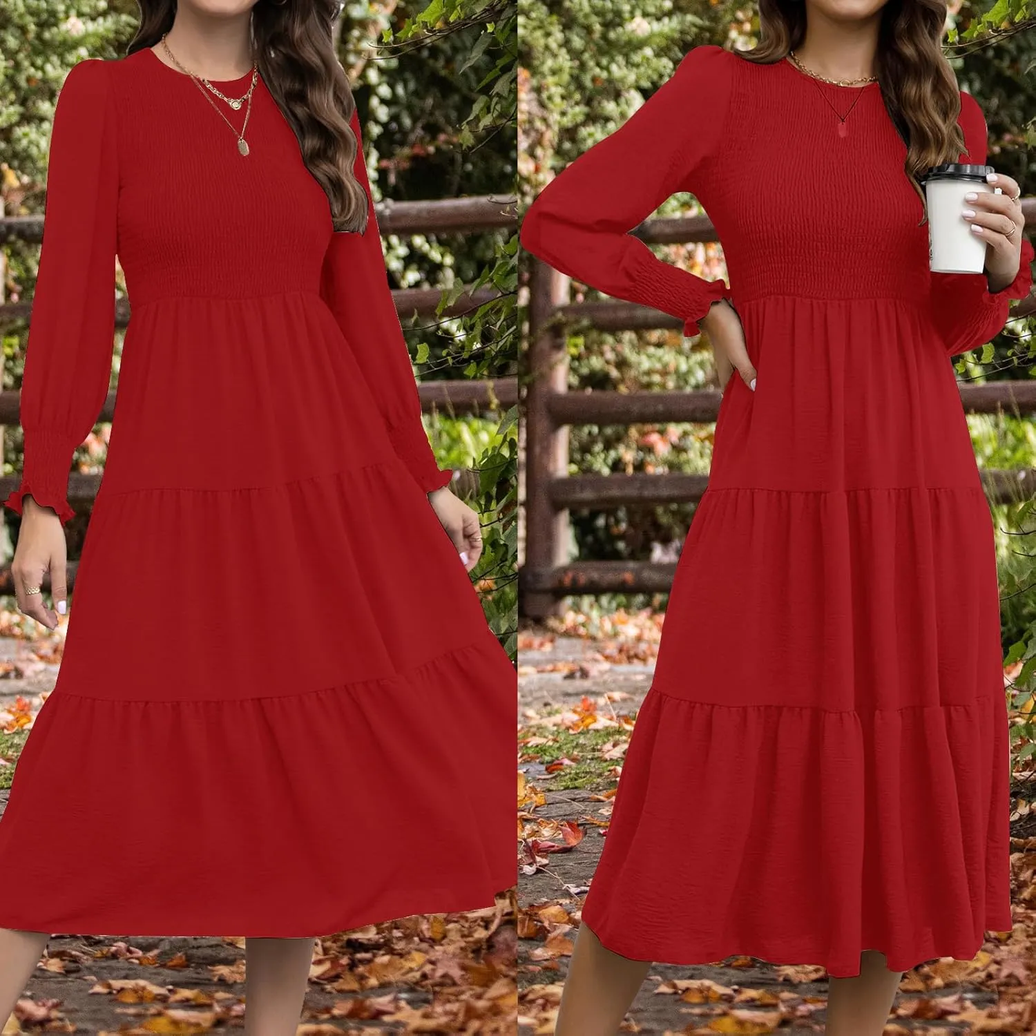 Women's Casual Long Sleeve Fall Dress Crew Neck Smocked Hight Waist Flowy Maxi Tiered Dresses