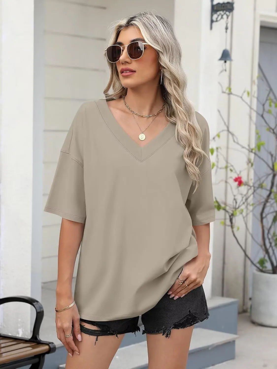 Womens Oversized T Shirts Ribbed Trim V Neck Short Sleeve Tops Summer Cotton Tees Loose Fit 2025