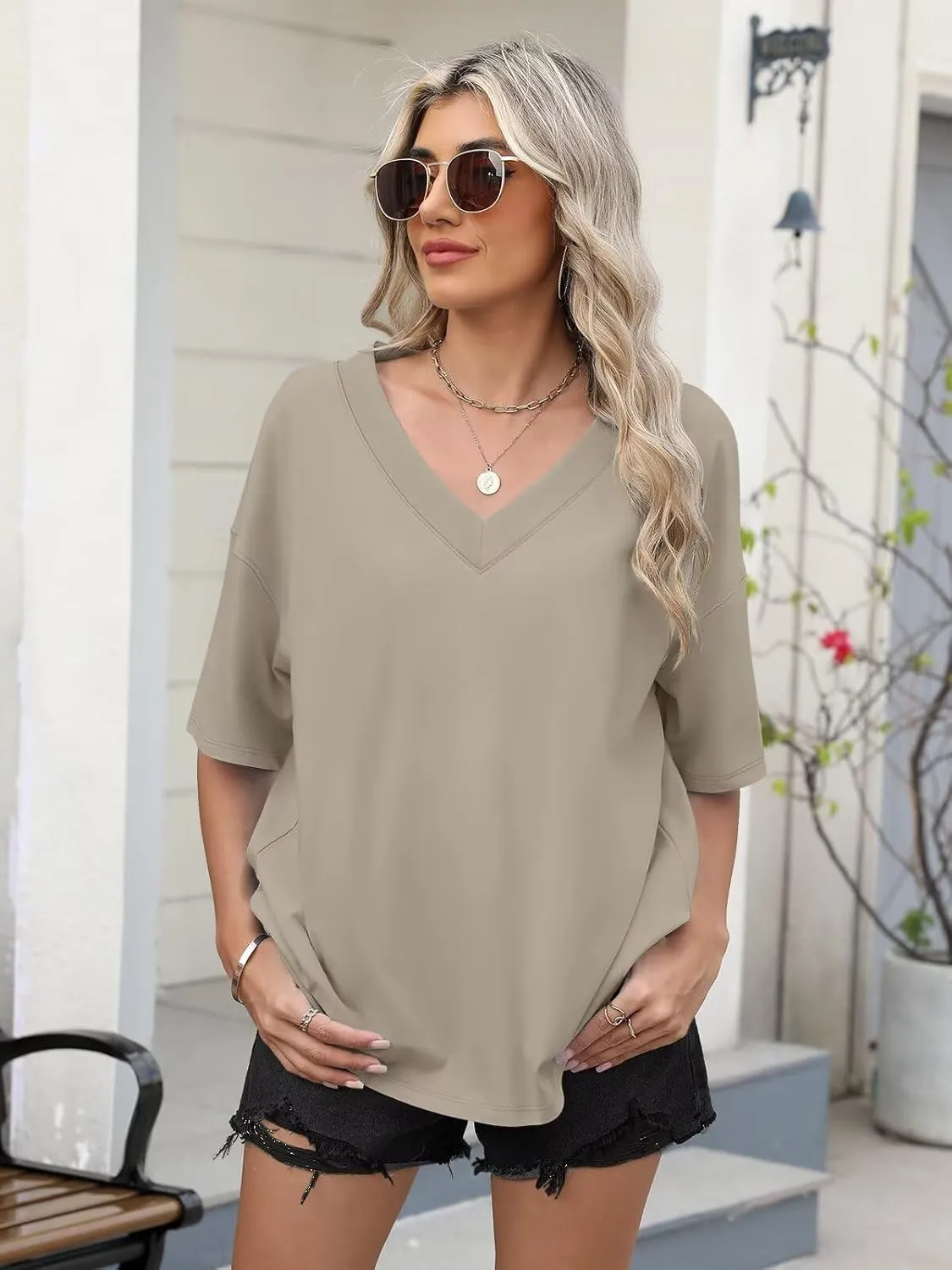 Womens Oversized T Shirts Ribbed Trim V Neck Short Sleeve Tops Summer Cotton Tees Loose Fit 2025