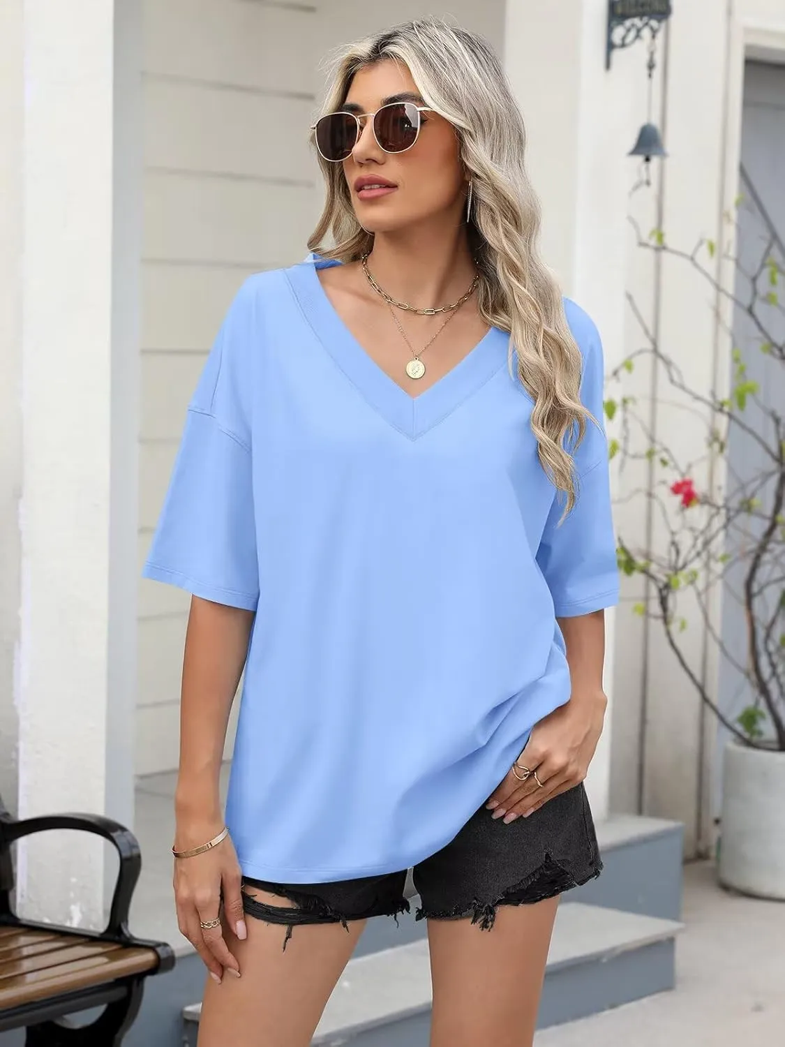 Womens Oversized T Shirts Ribbed Trim V Neck Short Sleeve Tops Summer Cotton Tees Loose Fit 2025