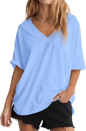 Womens Oversized T Shirts Ribbed Trim V Neck Short Sleeve Tops Summer Cotton Tees Loose Fit 2025