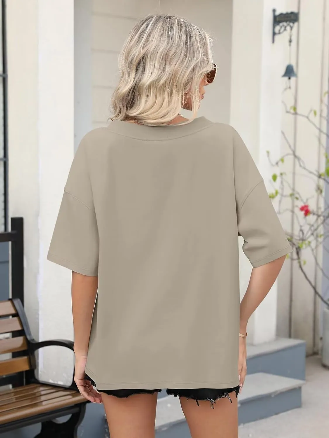 Womens Oversized T Shirts Ribbed Trim V Neck Short Sleeve Tops Summer Cotton Tees Loose Fit 2025