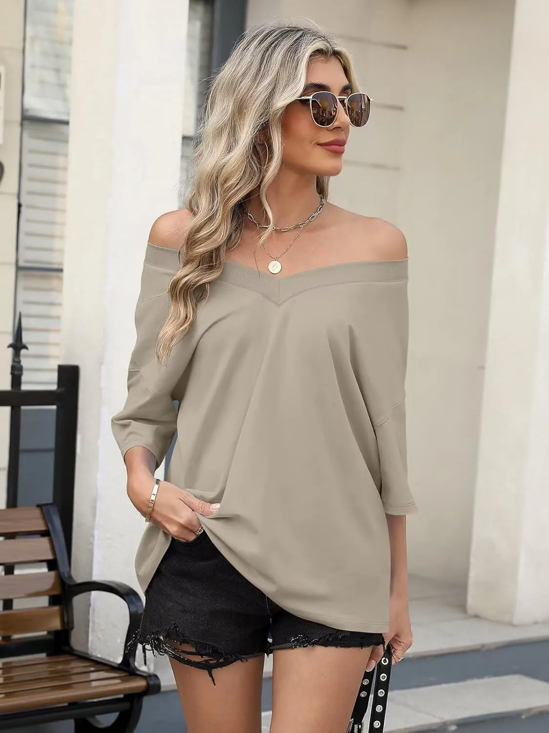 Womens Oversized T Shirts Ribbed Trim V Neck Short Sleeve Tops Summer Cotton Tees Loose Fit 2025