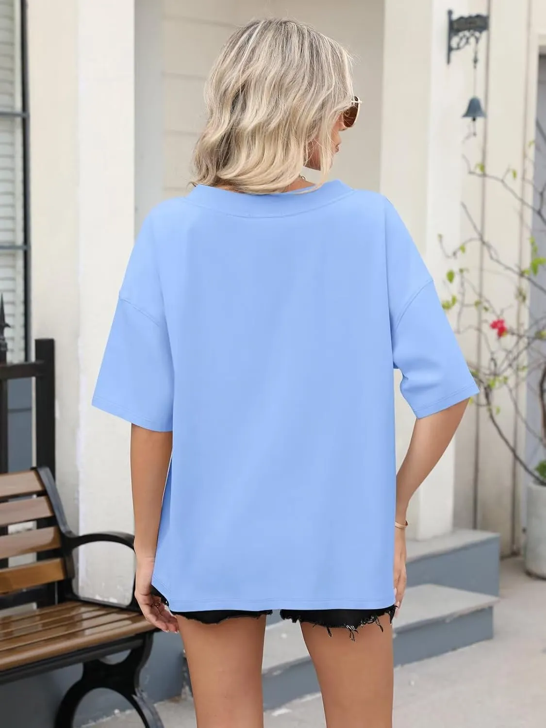 Womens Oversized T Shirts Ribbed Trim V Neck Short Sleeve Tops Summer Cotton Tees Loose Fit 2025