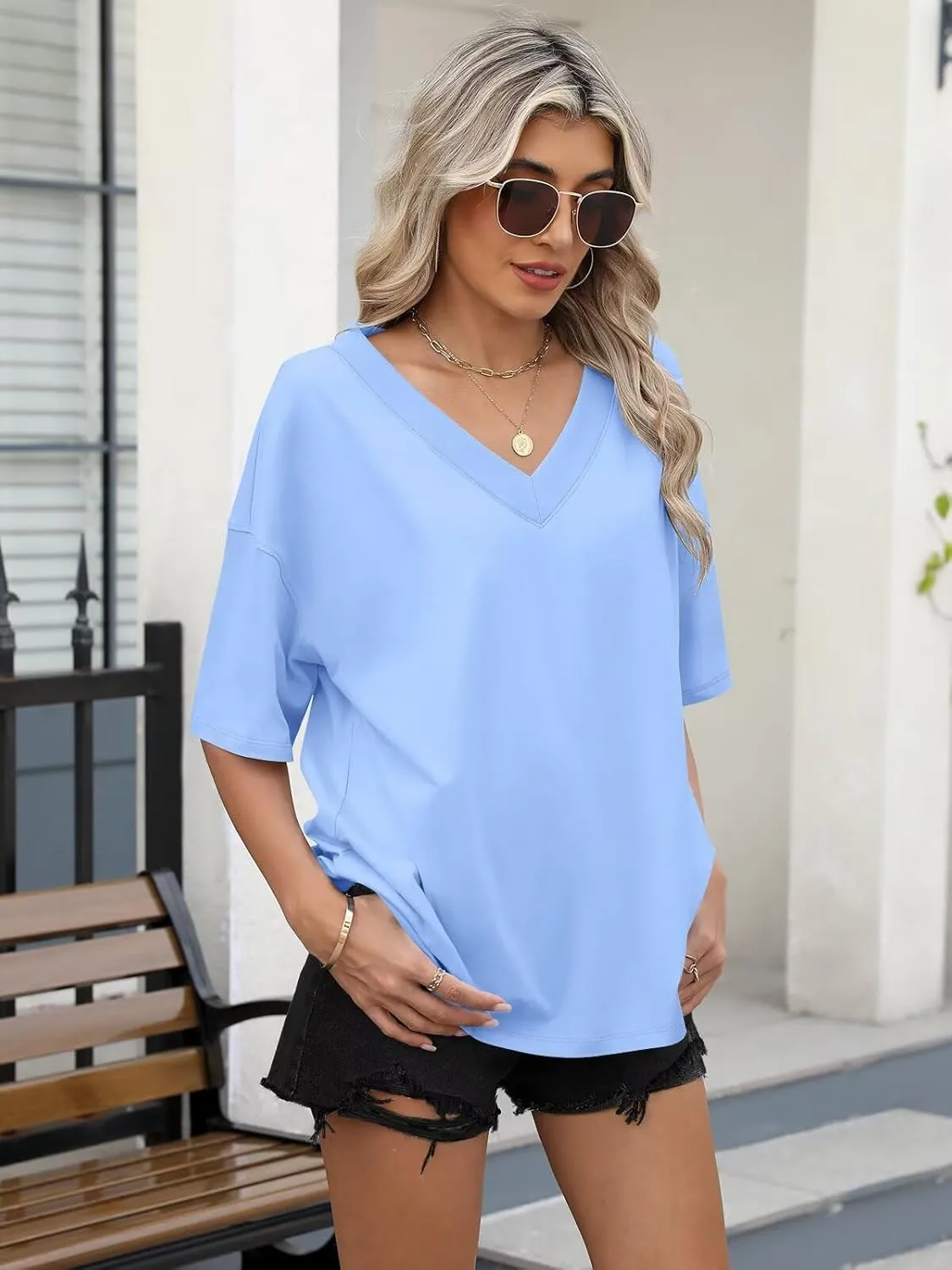 Womens Oversized T Shirts Ribbed Trim V Neck Short Sleeve Tops Summer Cotton Tees Loose Fit 2025