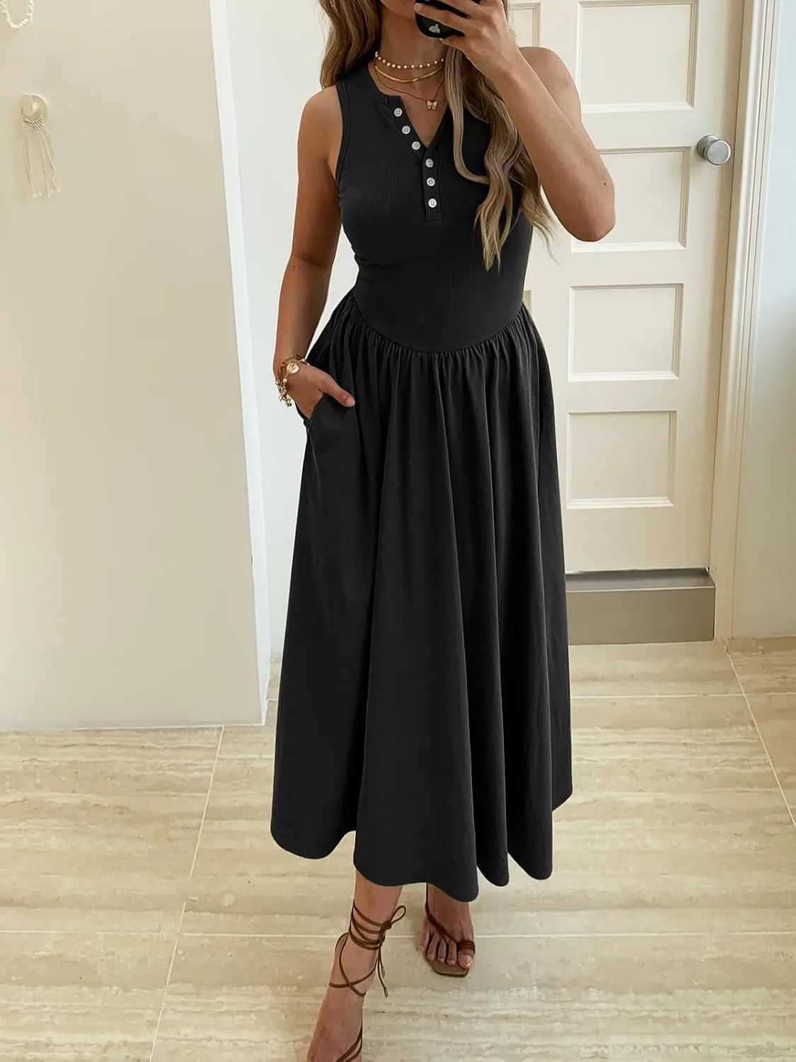 Women's Summer Casual Dresses Sleeveless Knitted V Neck Sundress Drop Waist A Line Long Maxi Dress with Pockets