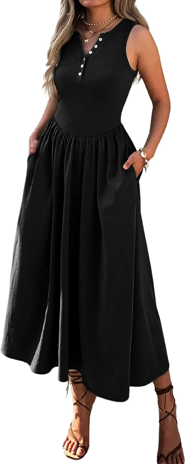 Women's Summer Casual Dresses Sleeveless Knitted V Neck Sundress Drop Waist A Line Long Maxi Dress with Pockets