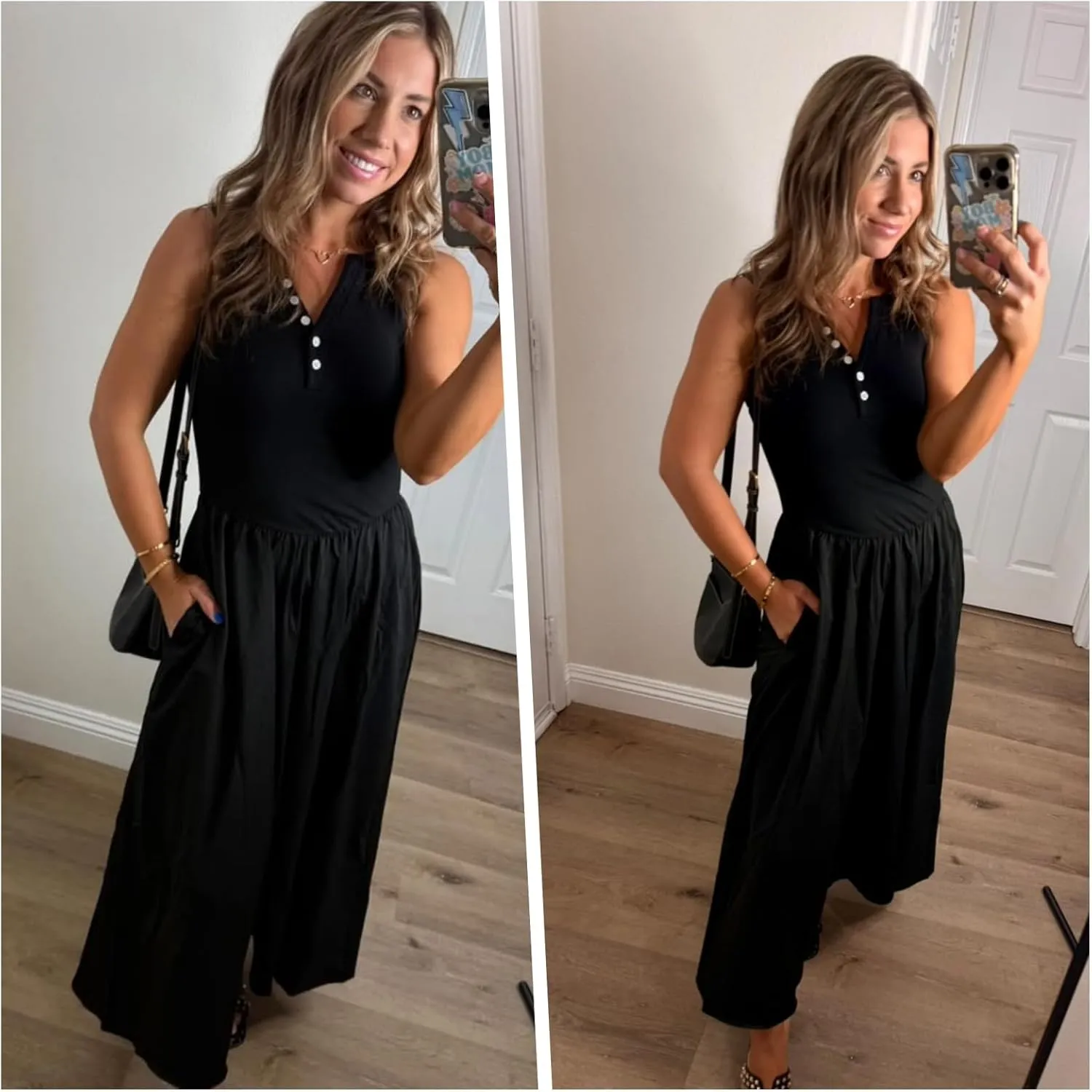 Women's Summer Casual Dresses Sleeveless Knitted V Neck Sundress Drop Waist A Line Long Maxi Dress with Pockets