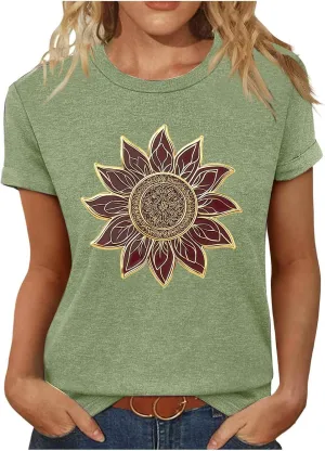 Womens Sunflowers Pattern T Shirts Boho Wildflower Graphic Short Sleeve Blouses Summer Casual Aesthetic Tunic Tee Tops