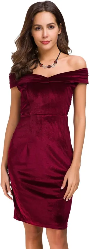 Womens Vintage Off Shoulder Velvet Bodycon Dresses Midi Pencil Dress for Party Cocktail Formal Evening Club