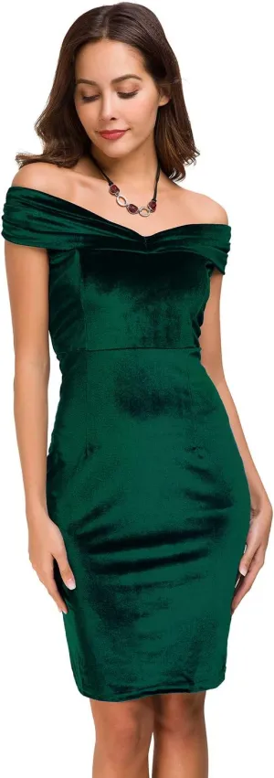 Womens Vintage Off Shoulder Velvet Bodycon Dresses Midi Pencil Dress for Party Cocktail Formal Evening Club