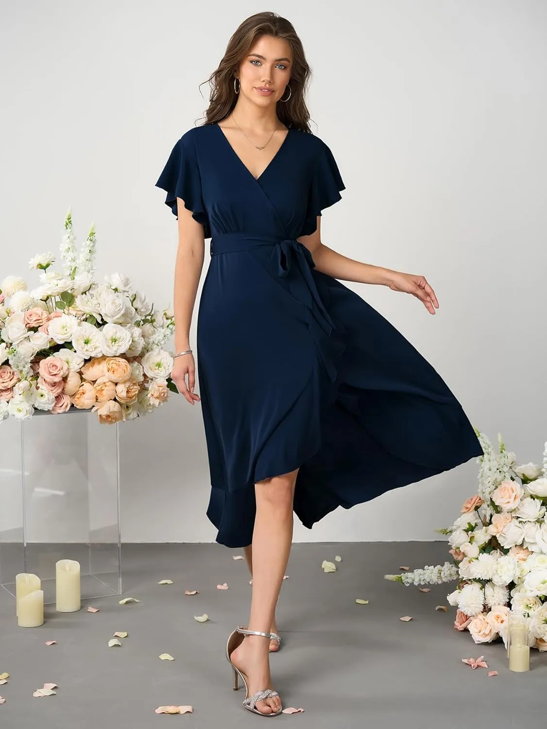 Womens Wedding Guest Midi Dress Flutter Sleeve V Neck Wrap High Low Bridesmaid Cocktail Formal Dresses for Women