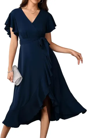 Womens Wedding Guest Midi Dress Flutter Sleeve V Neck Wrap High Low Bridesmaid Cocktail Formal Dresses for Women