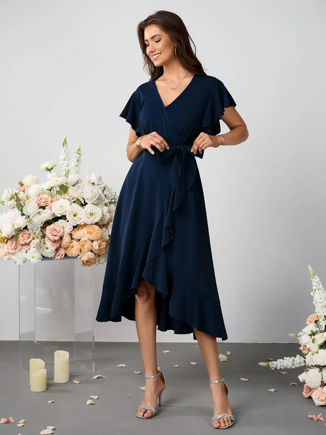 Womens Wedding Guest Midi Dress Flutter Sleeve V Neck Wrap High Low Bridesmaid Cocktail Formal Dresses for Women