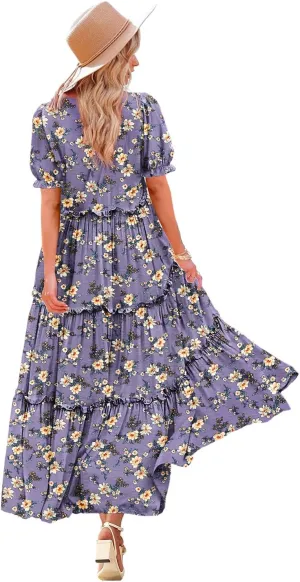 YESNO Summer Casual Bohemian Floral Dresses for Women Puff Short Sleeve Long Maxi Dress with Pockets ETX