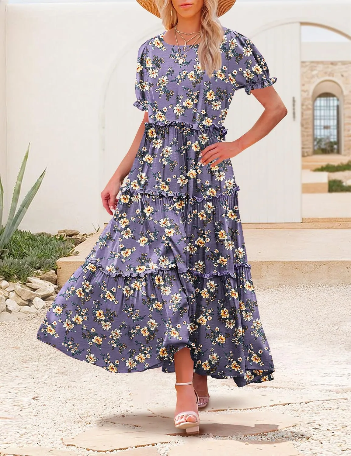 YESNO Summer Casual Bohemian Floral Dresses for Women Puff Short Sleeve Long Maxi Dress with Pockets ETX