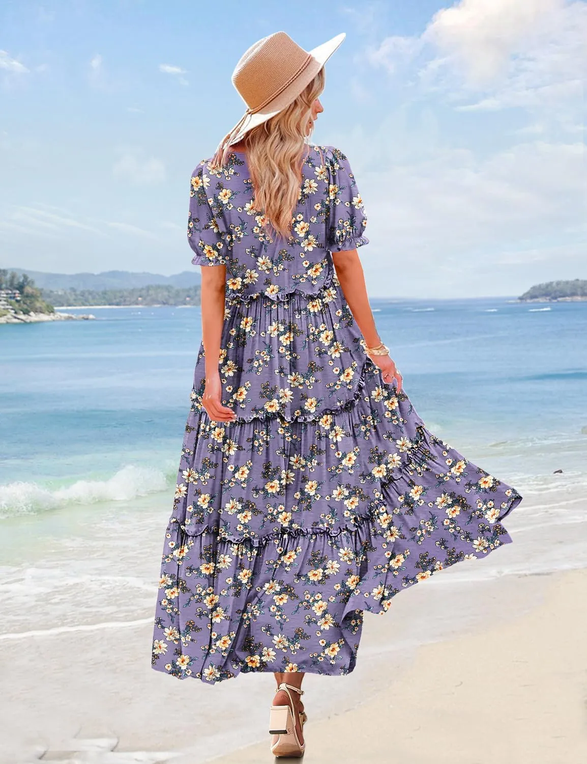 YESNO Summer Casual Bohemian Floral Dresses for Women Puff Short Sleeve Long Maxi Dress with Pockets ETX