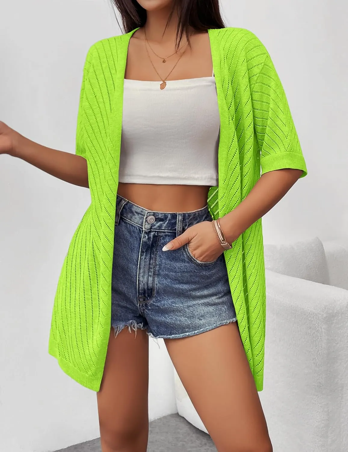 Zeagoo Lightweight Summer Cardigan for Women Short Sleeve V Neck Crochet Kimonos Loose Open Front Hollow Out Cover Ups