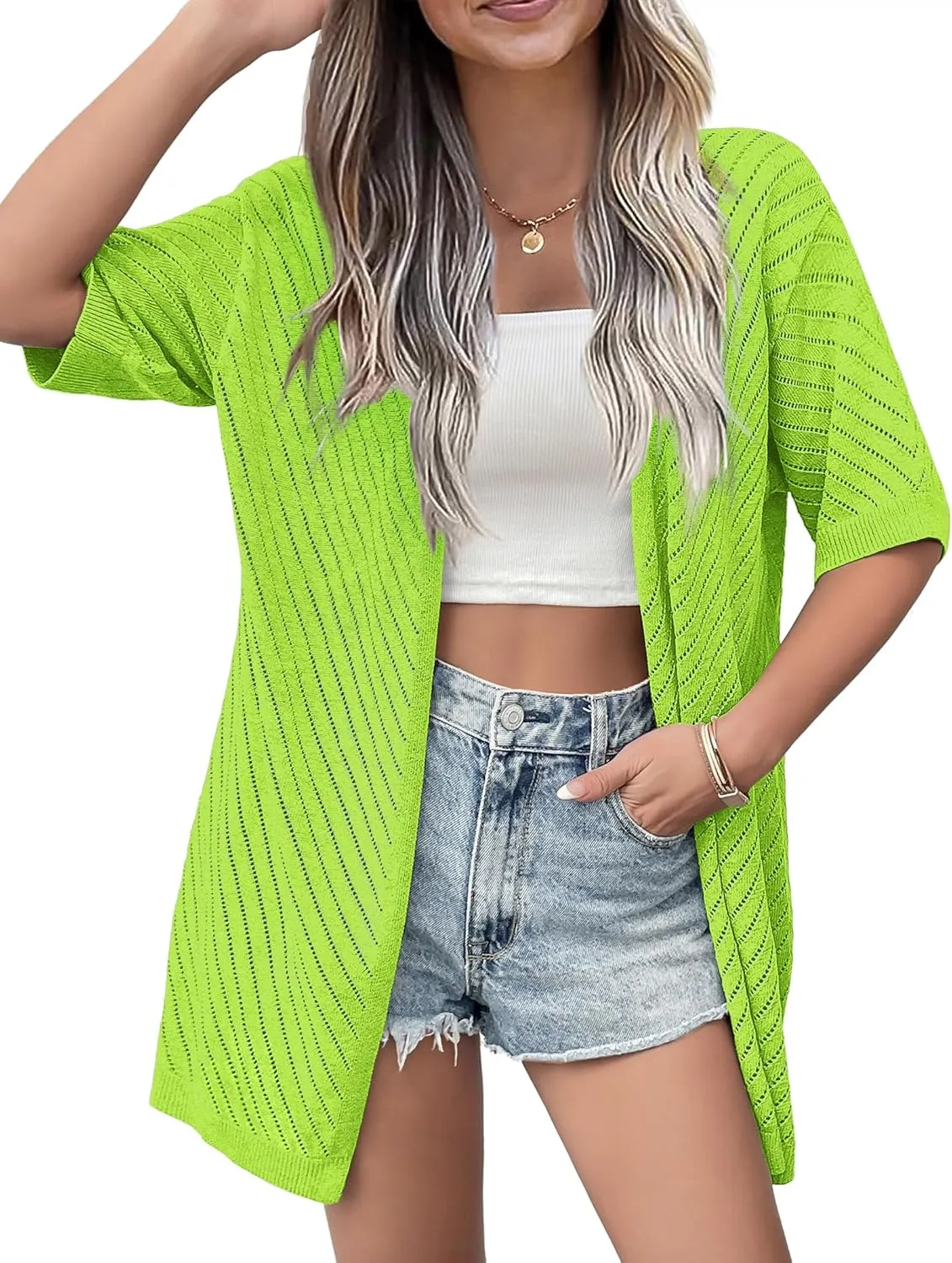 Zeagoo Lightweight Summer Cardigan for Women Short Sleeve V Neck Crochet Kimonos Loose Open Front Hollow Out Cover Ups