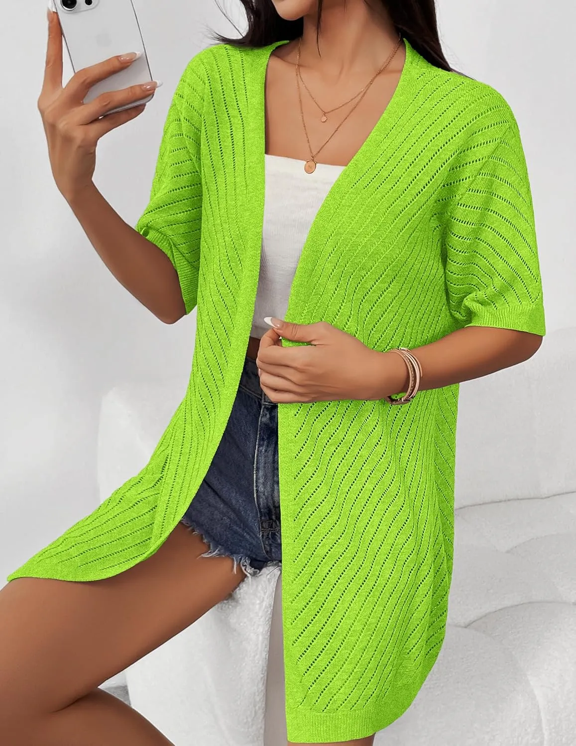 Zeagoo Lightweight Summer Cardigan for Women Short Sleeve V Neck Crochet Kimonos Loose Open Front Hollow Out Cover Ups