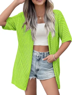 Zeagoo Lightweight Summer Cardigan for Women Short Sleeve V Neck Crochet Kimonos Loose Open Front Hollow Out Cover Ups