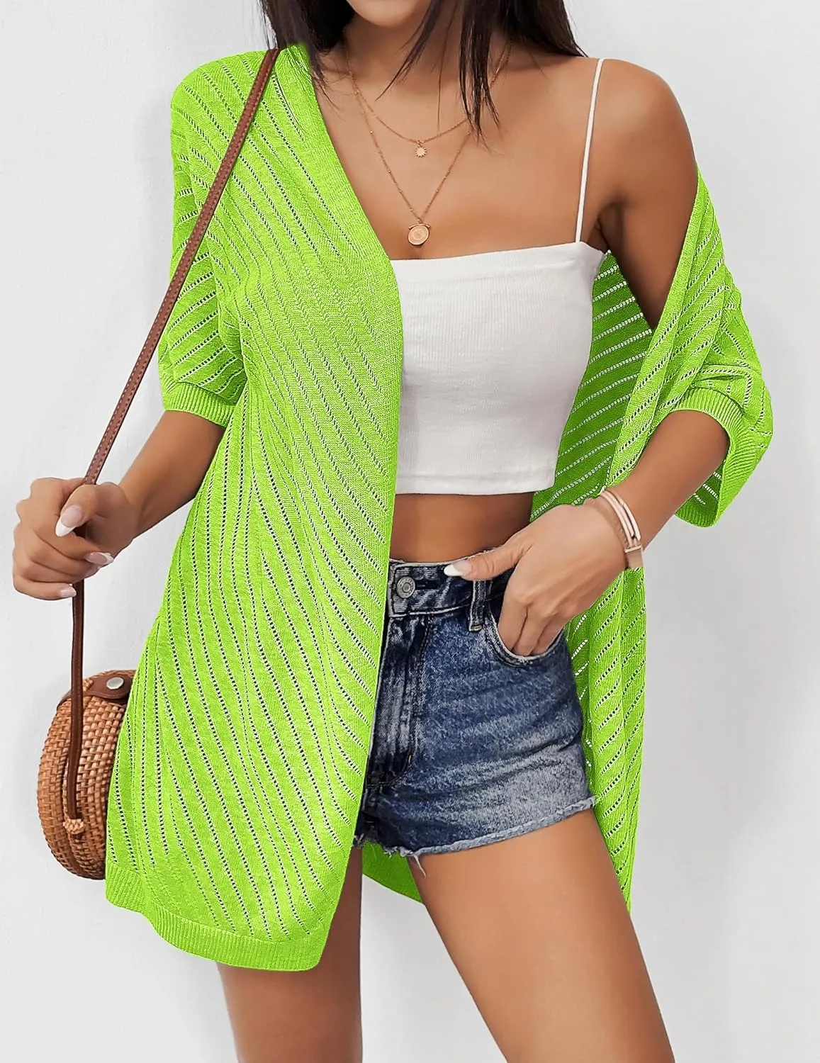 Zeagoo Lightweight Summer Cardigan for Women Short Sleeve V Neck Crochet Kimonos Loose Open Front Hollow Out Cover Ups