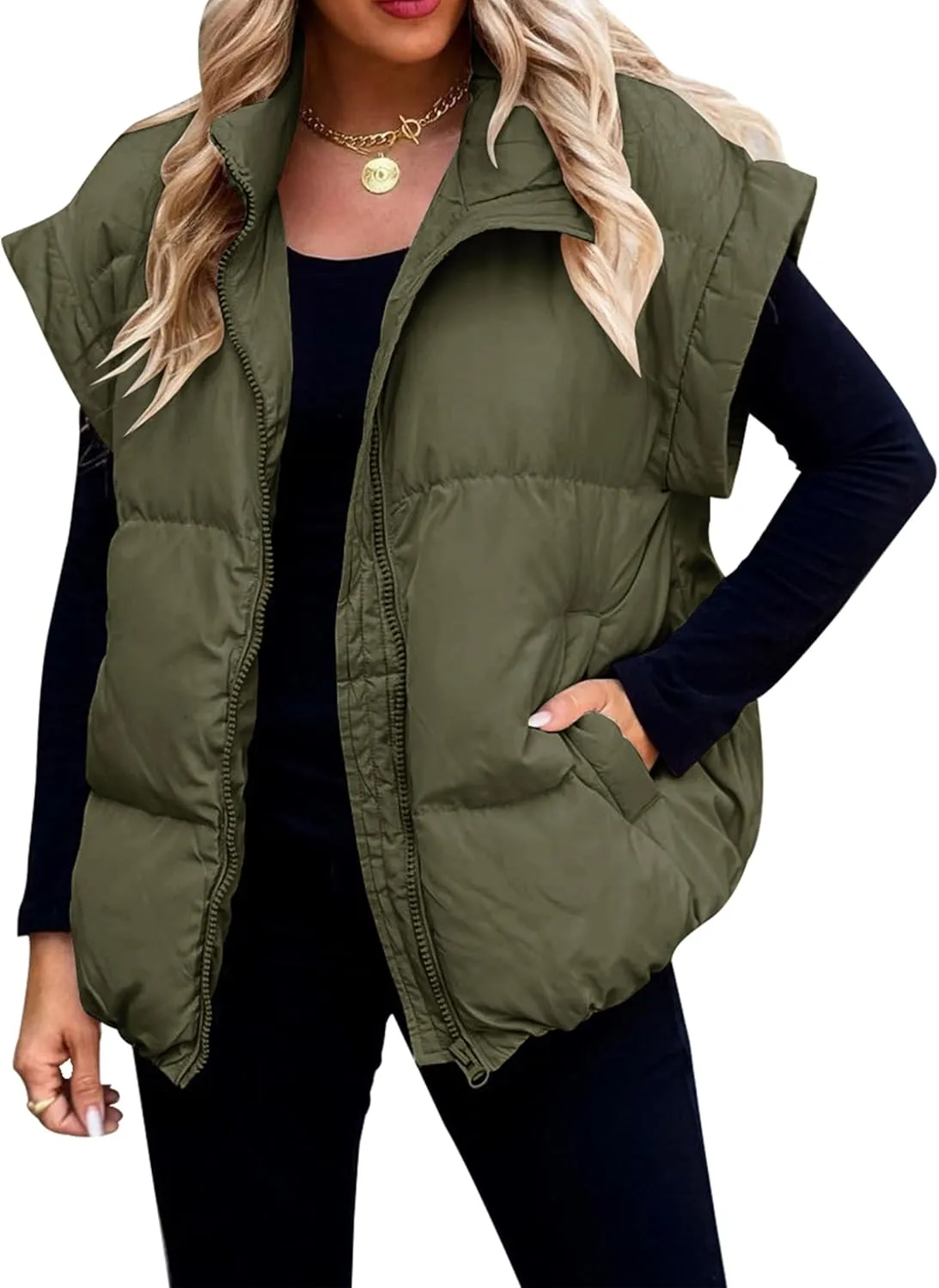 Zontroldy Women's Sleeveless Puffer Jacket Vest Stand Collar Zipper Cap Sleeve Padded Outerwear Vests