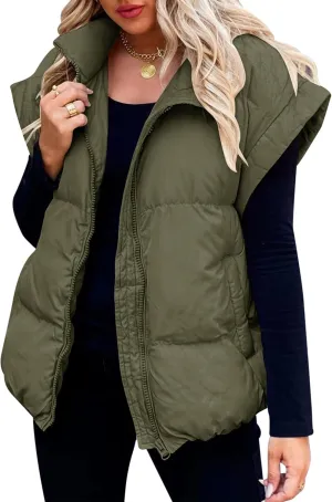 Zontroldy Women's Sleeveless Puffer Jacket Vest Stand Collar Zipper Cap Sleeve Padded Outerwear Vests